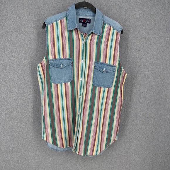 At Last Womens VTG 90s Sleeveless Denim Button Up Top Size L Striped Western Art - Picture 1 of 11